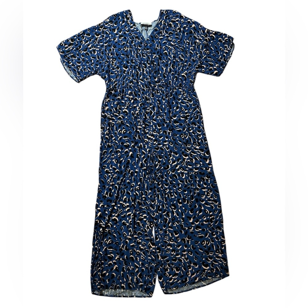 Eloquii 22 Navy and Tan Patterned Leo Print Wide Leg Plunge Neck Loose Jumpsuit - Picture 3 of 11